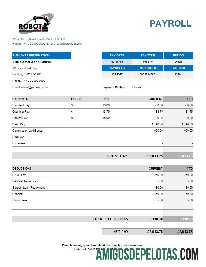Demonstrativo de ganhos da Industrial Robot Company em formatos Excel e PDF exemplo real